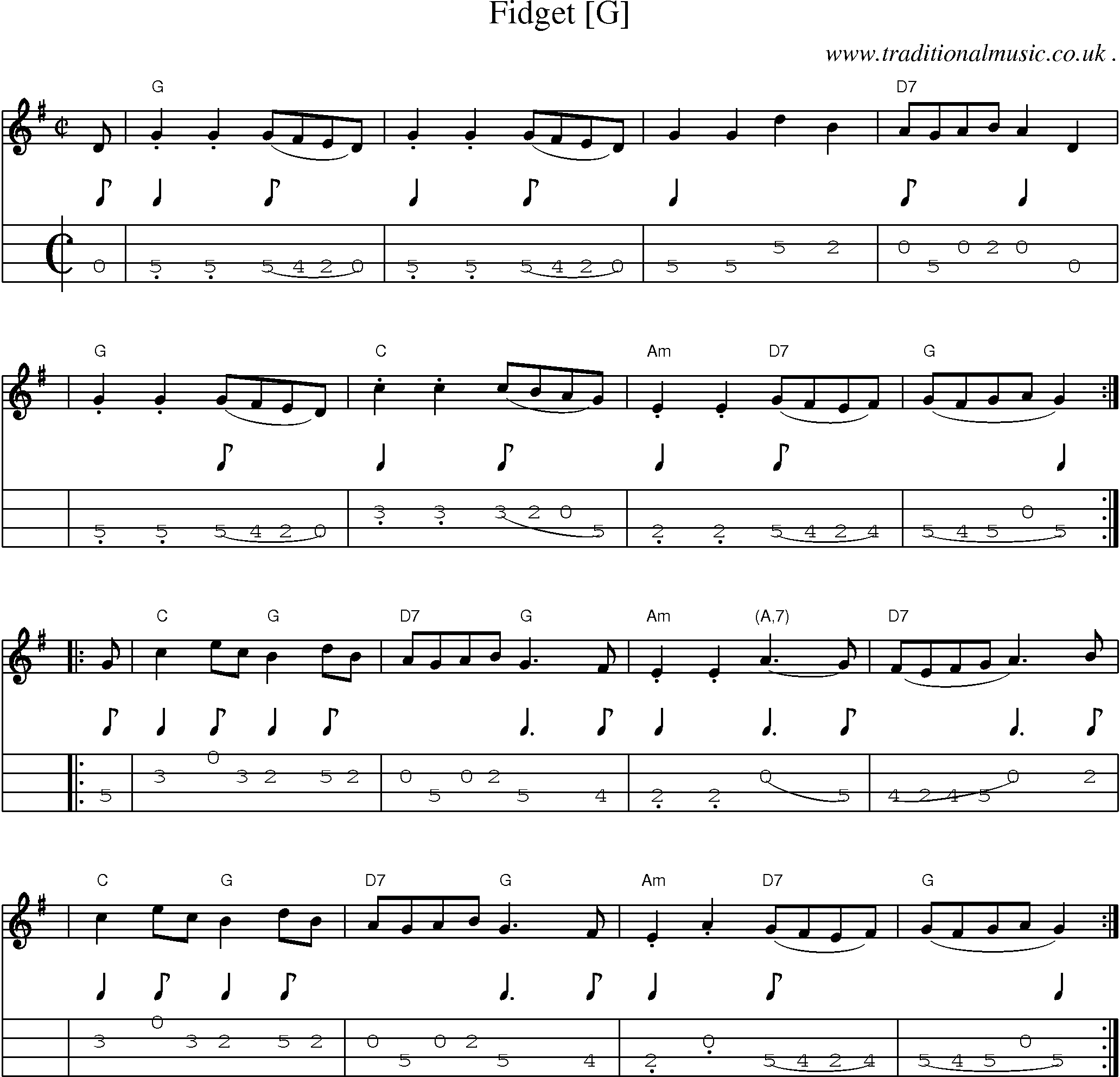 Sheet-music  score, Chords and Mandolin Tabs for Fidget [g]